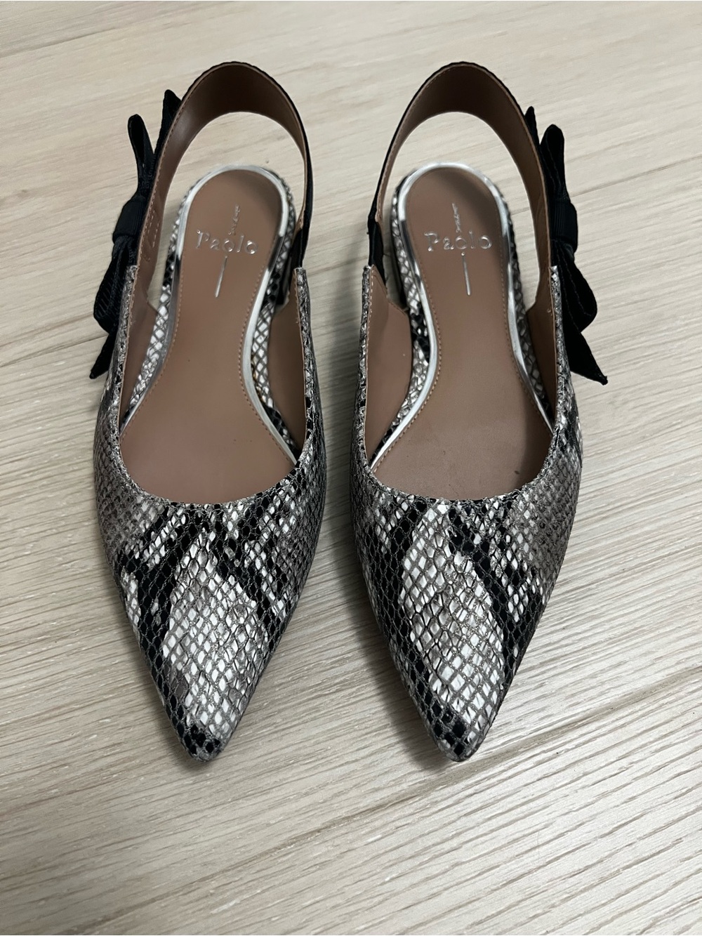 Paolo Black and Cream Snake-Print Slingback Flats with Bow